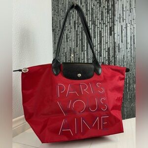 🇫🇷Longchamp Red Le Pliage Limited Paris Vous Aime Loves You Medium Tote